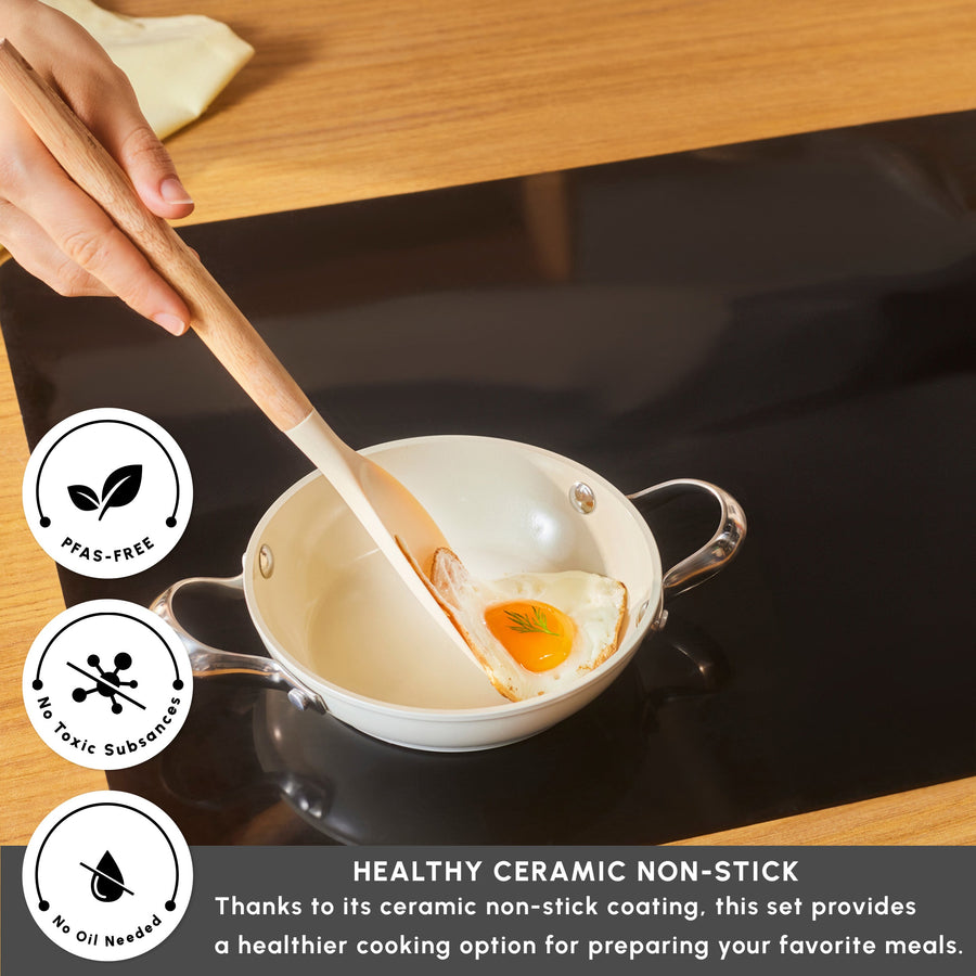 Karaca Swiss Crystal Almond Cream Non-Stick Induction Stainless Steel Handle Shallow Pan, 16cm, Cream