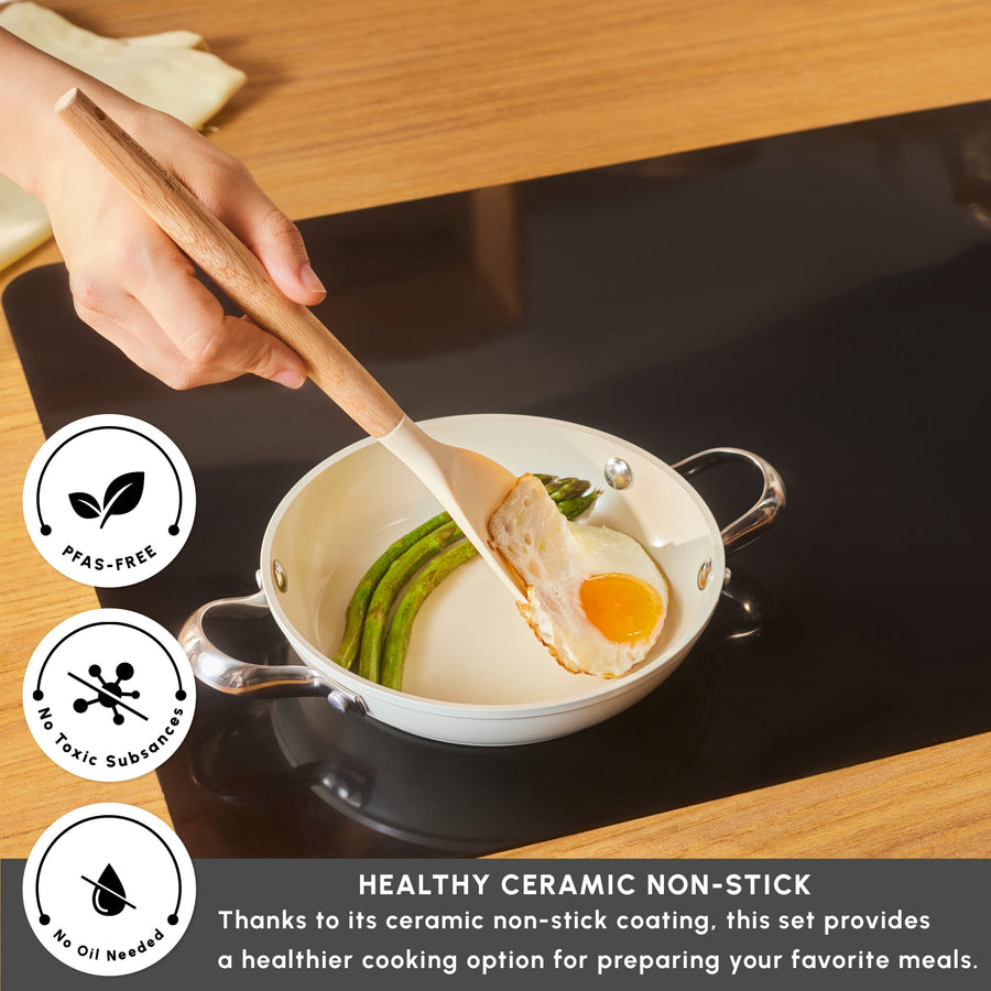 Karaca Swiss Crystal Almond Cream Non-Stick Induction Stainless Steel Handle Shallow Pan, 18cm, Cream