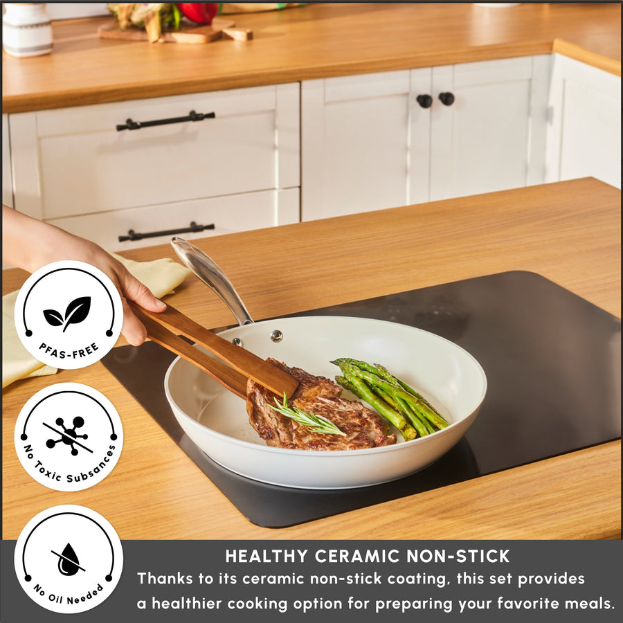 Karaca Swiss Crystal Almond Cream Non-Stick Induction Stainless Steel Handle Pan, 32cm, Cream