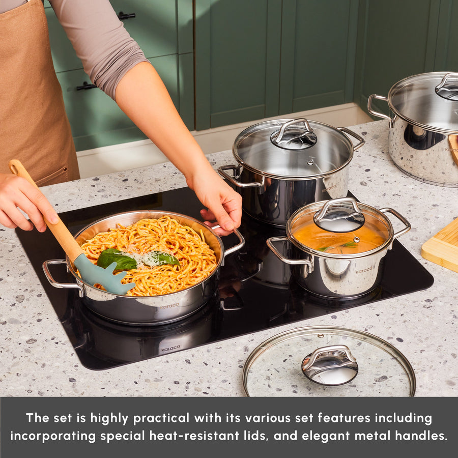 Karaca Belgrad 15-Piece Complete Stainless Steel Kitchen Cookware Set, Silver