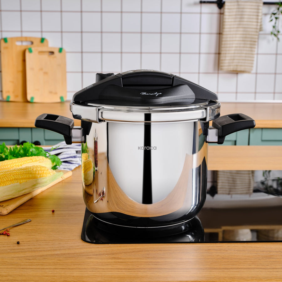 Karaca Marsilya Stainless Steel Induction Pressure Cooker Set, 7L, Silver Black