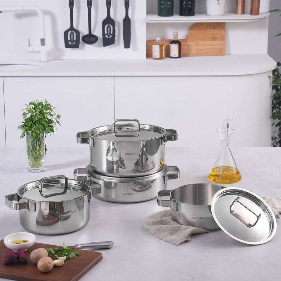 Karaca Powersteel 316+ 3Ply Onyx Stainless Steel Induction Cookware Set, Silver