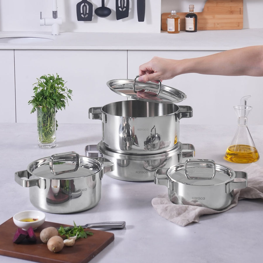 Karaca Powersteel 316+ 3Ply Onyx Stainless Steel Induction Cookware Set, Silver