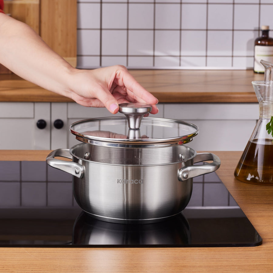 Karaca Elite Stainless Steel Induction Stock Pot & Lid, 18cm, Silver