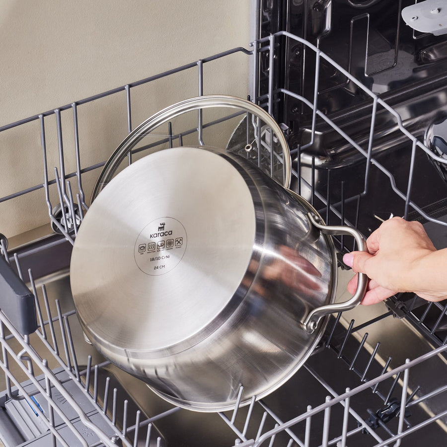 Karaca Elite Stainless Steel Induction Stock Pot & Lid, 24cm, Silver