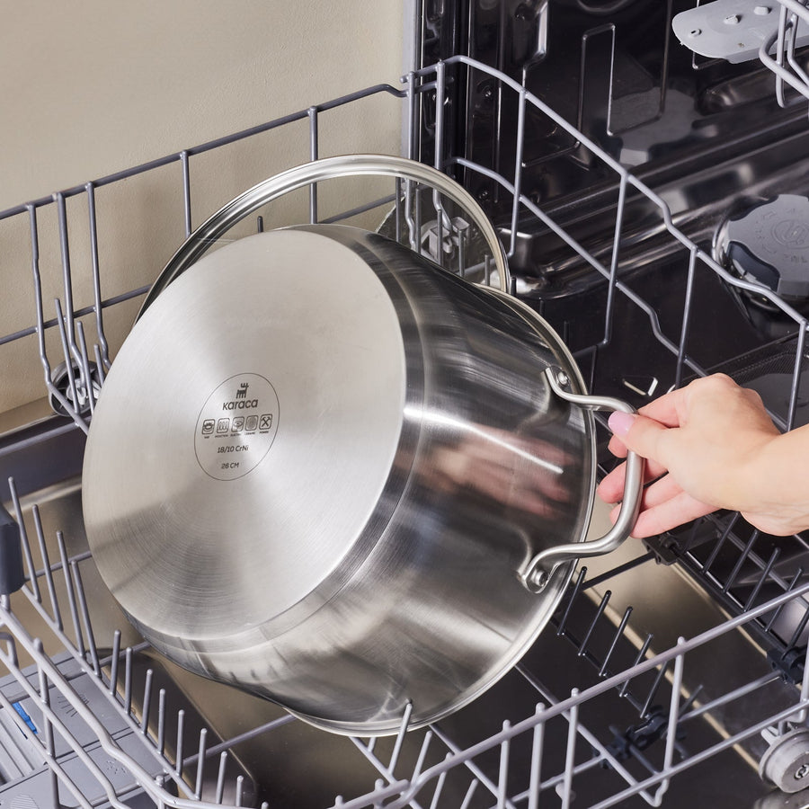 Karaca Elite Stainless Steel Induction Stock Pot & Lid, 26cm, Silver