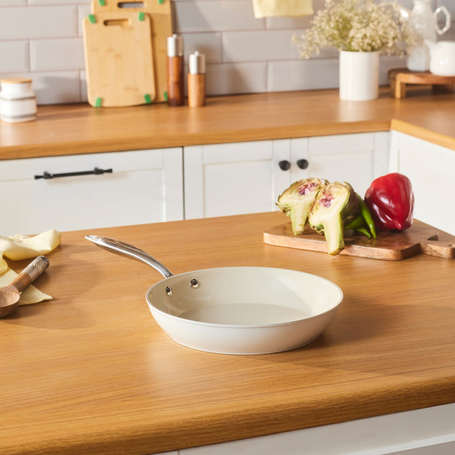 Karaca Swiss Crystal Almond Cream Non-Stick Induction Stainless Steel Handle Pan, 26cm, Cream