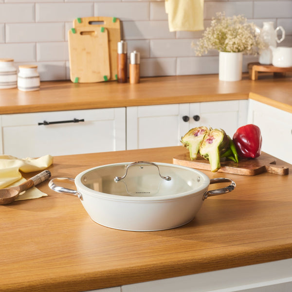 Karaca Swiss Crystal Almond Cream Non-Stick Induction Stainless Steel Handle Shallow Casserole & Lid, 30cm, Cream