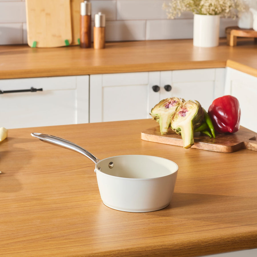 Karaca Swiss Crystal Almond Cream Non-Stick Induction Stainless Steel Handle Sauce Pan, 16cm, Cream