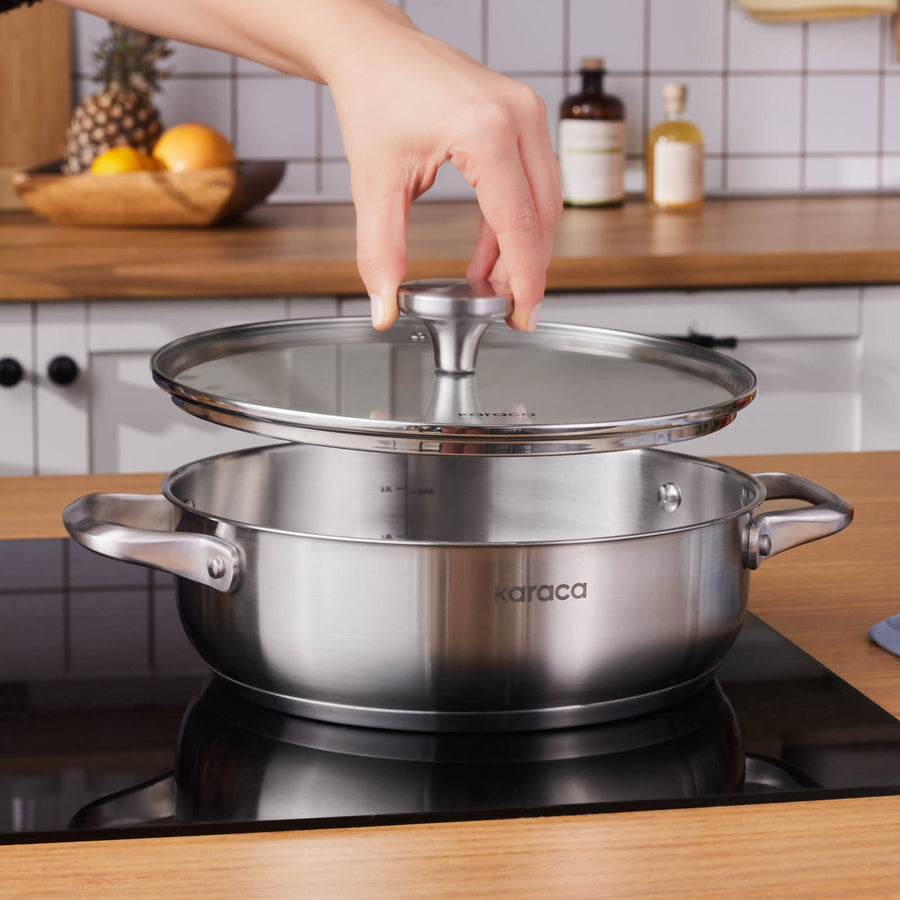 Karaca Elite Stainless Steel Induction Shallow Casserole & Lid, 24cm, Silver