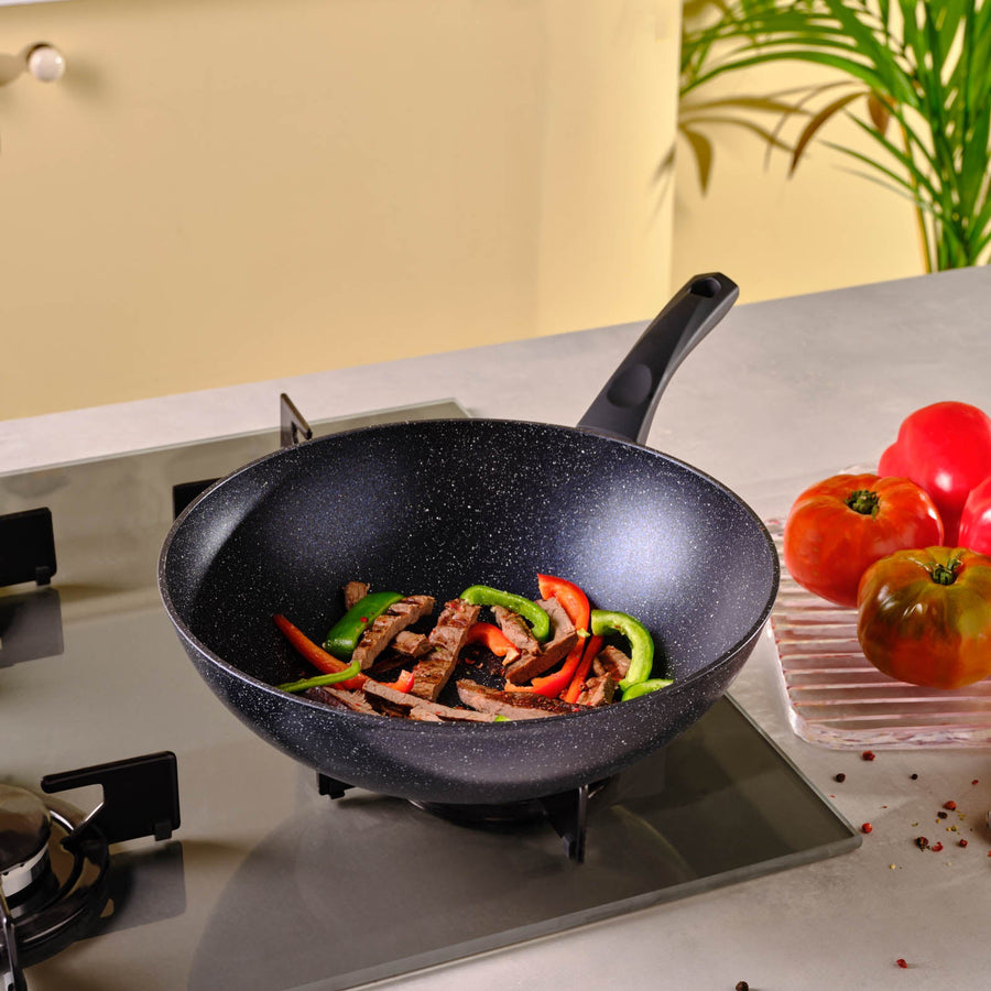Karaca Aqua Granite Non-Stick Induction Wok Pan, 28cm, Blue