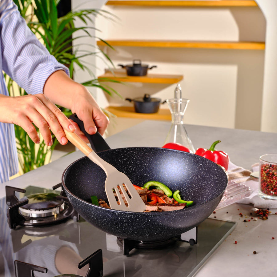 Karaca Aqua Granite Non-Stick Induction Wok Pan, 28cm, Blue