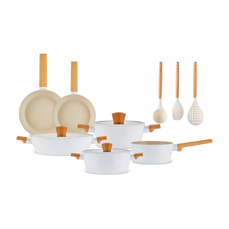 Karaca Swiss Crystal Almond Cream 12-Piece Non-Stick Induction Ceramic Cookware Set, Cream