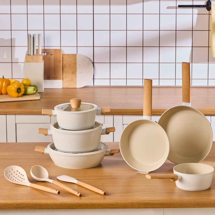 Karaca Swiss Crystal Almond Cream 12-Piece Non-Stick Induction Ceramic Cookware Set, Cream