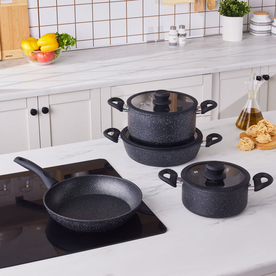 Karaca Nebula Granite 7-Piece Non-Stick Induction Cookware Set, Black