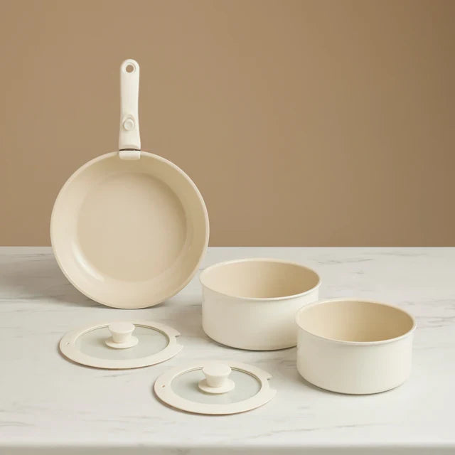 Karaca Ceramica Comfort 6-Piece Non-Stick Induction Detachable Cookware Set, Cream