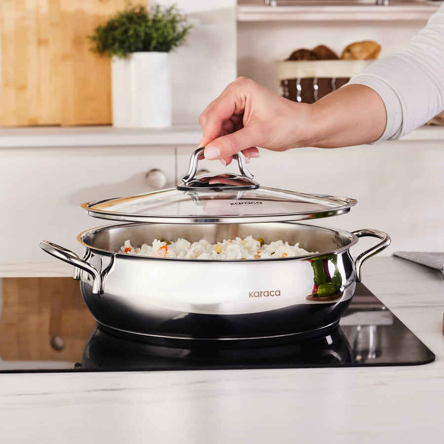 Karaca Emirgan Stainless Steel Shallow Casserole with Lid, 26cm, Silver