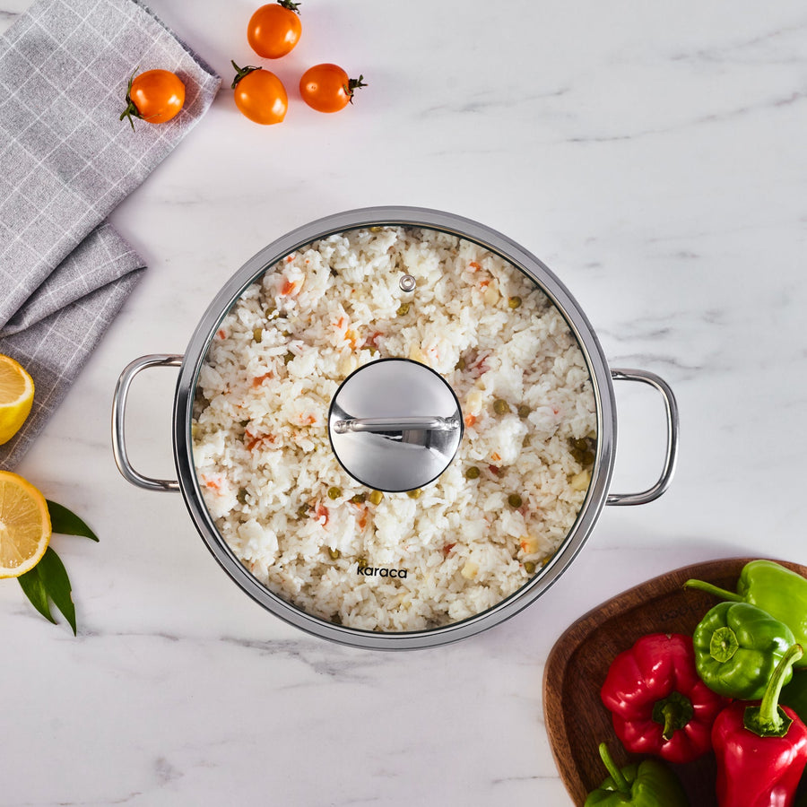 Karaca Emirgan Stainless Steel Shallow Casserole with Lid, 26cm, Silver