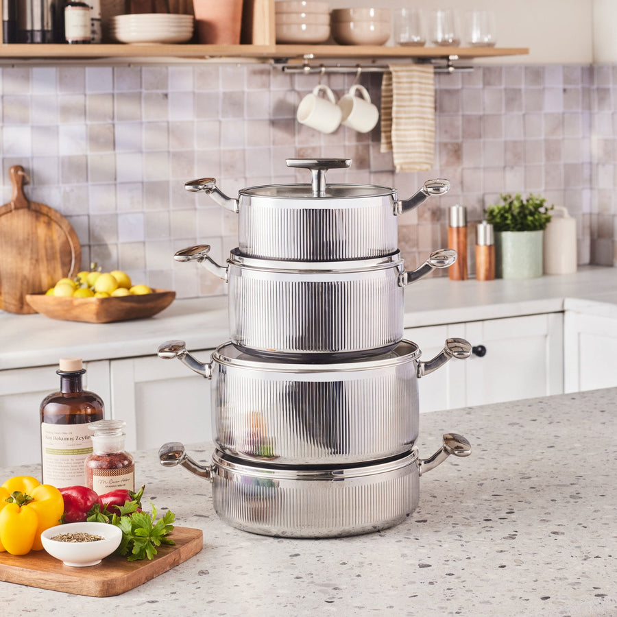 Karaca Rimova 3Ply Stainless Steel 8-Piece Induction Cookware Set with Glass Lid, Silver