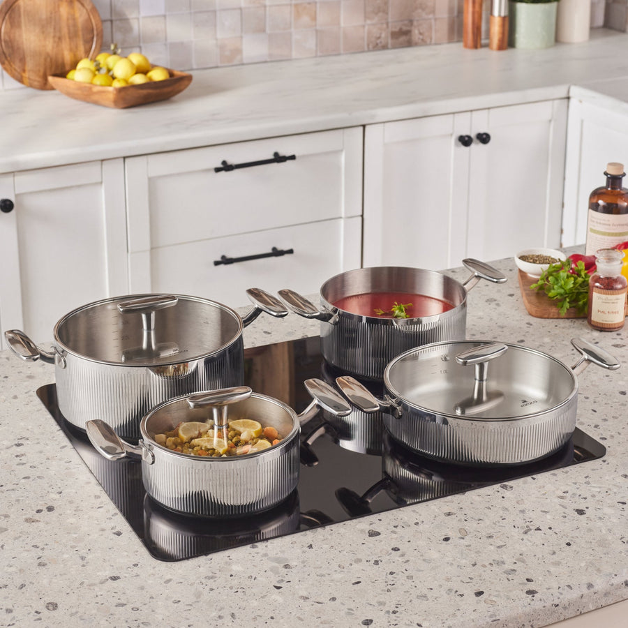 Karaca Rimova 3Ply Stainless Steel 8-Piece Induction Cookware Set with Glass Lid, Silver