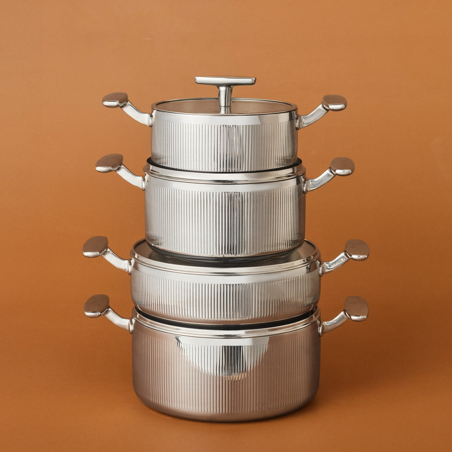 Karaca Rimova 3Ply Stainless Steel 8-Piece Induction Cookware Set with Glass Lid, Silver