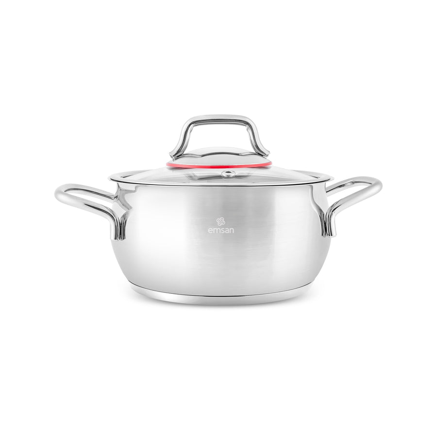 Emsan by Karaca Emirgan XL 13-Piece Stainless Steel Induction Cookware Set with Storage Container, Silver Red