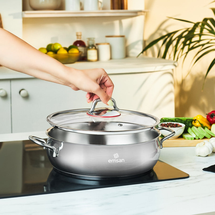 Emsan by Karaca Emirgan XL 13-Piece Stainless Steel Induction Cookware Set with Storage Container, Silver Red