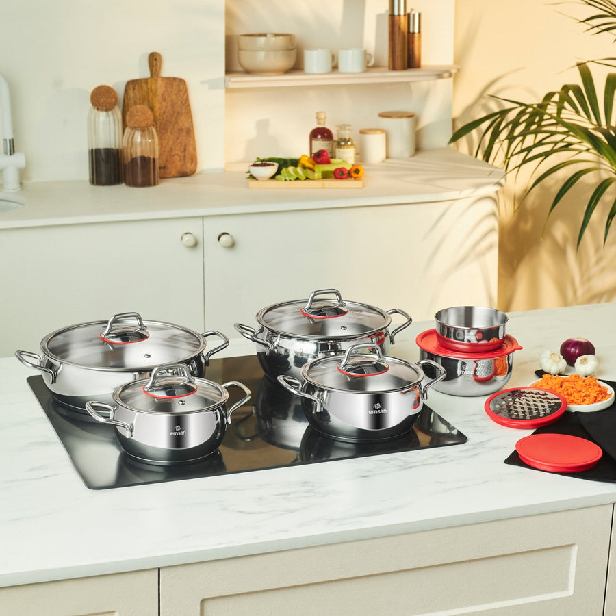 Emsan by Karaca Emirgan XL 13-Piece Stainless Steel Induction Cookware Set with Storage Container, Silver Red