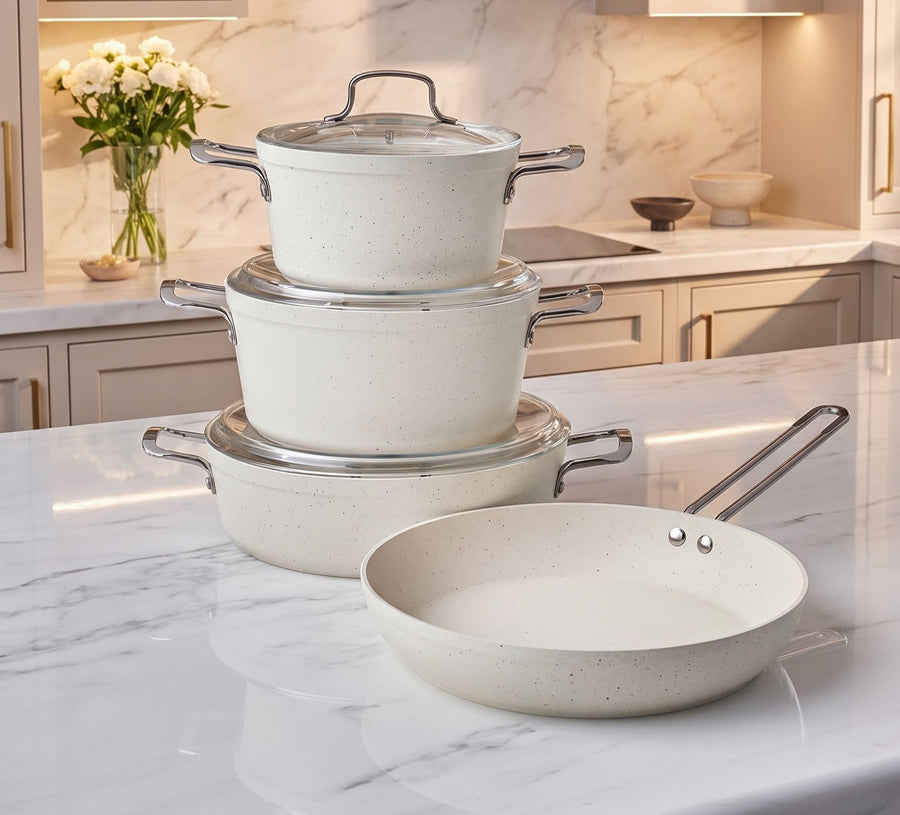 Karaca Granite Whitestone 7-Piece Non-Stick Induction Cookware Set, White