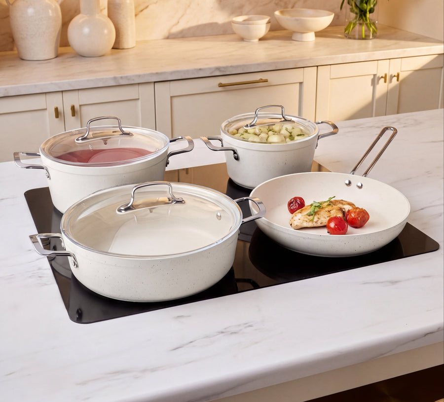 Karaca Granite Whitestone 7-Piece Non-Stick Induction Cookware Set, White