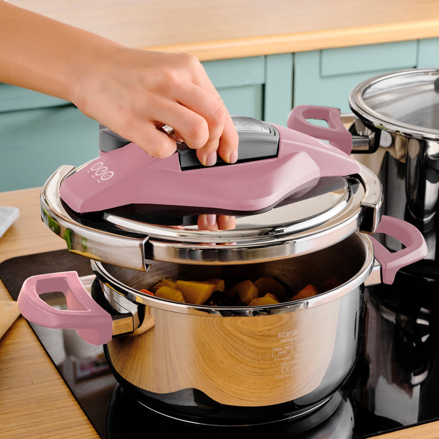 Karaca Perfect 2-Piece Stainless Steel Induction Pressure Cooker Set, 4L+6L, Pink Silver