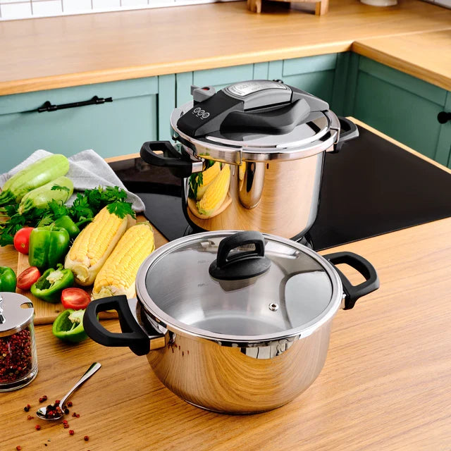 Karaca Perfect 2-Piece Stainless Steel Induction Pressure Cooker Set, 4L+6L, Black Silver