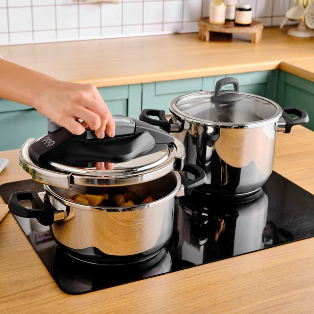 Karaca Perfect 2-Piece Stainless Steel Induction Pressure Cooker Set, 4L+6L, Black Silver