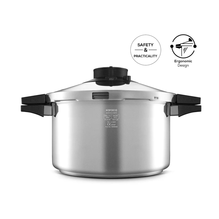 Karaca Quick and Safe 2-Piece Stainless Steel Induction Pressure Cooker Set, 4L+6L, Black Silver