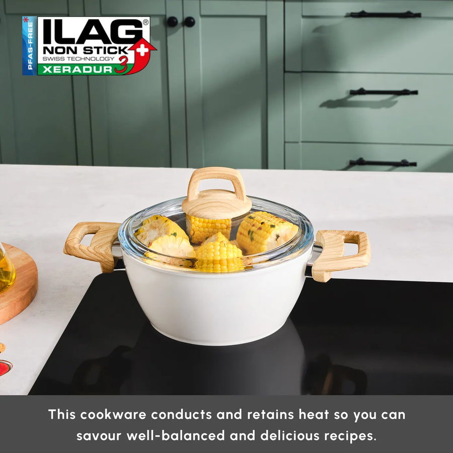 Karaca Swiss Crystal Non-Stick Induction Stockpot with Lid, 20cm, Creamy