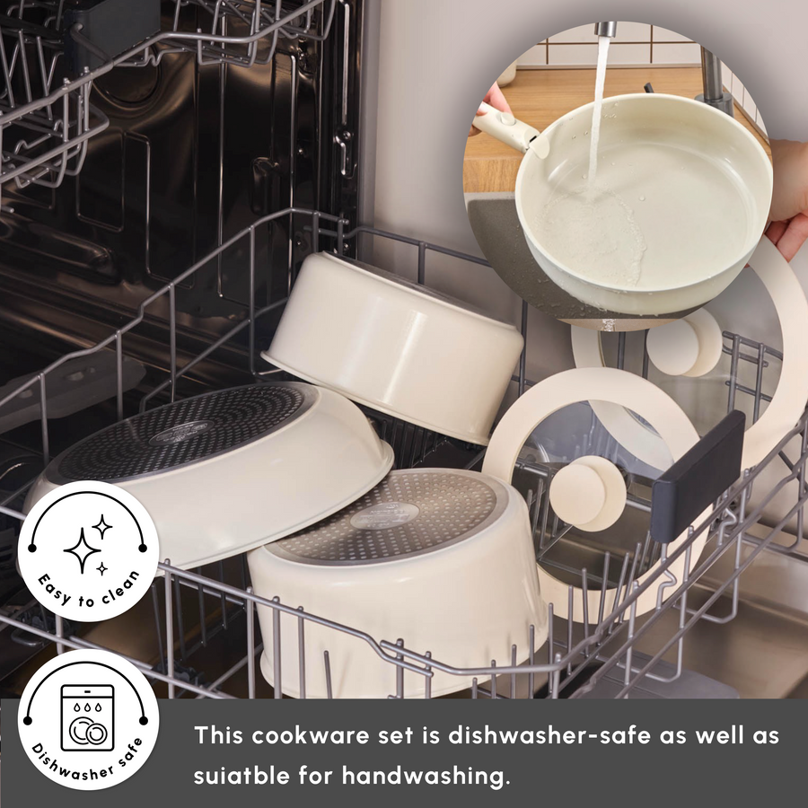 Karaca Ceramica Comfort 6-Piece Non-Stick Induction Detachable Cookware Set, Cream