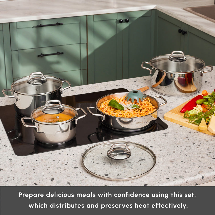 Karaca Belgrad 15-Piece Complete Stainless Steel Kitchen Cookware Set, Silver